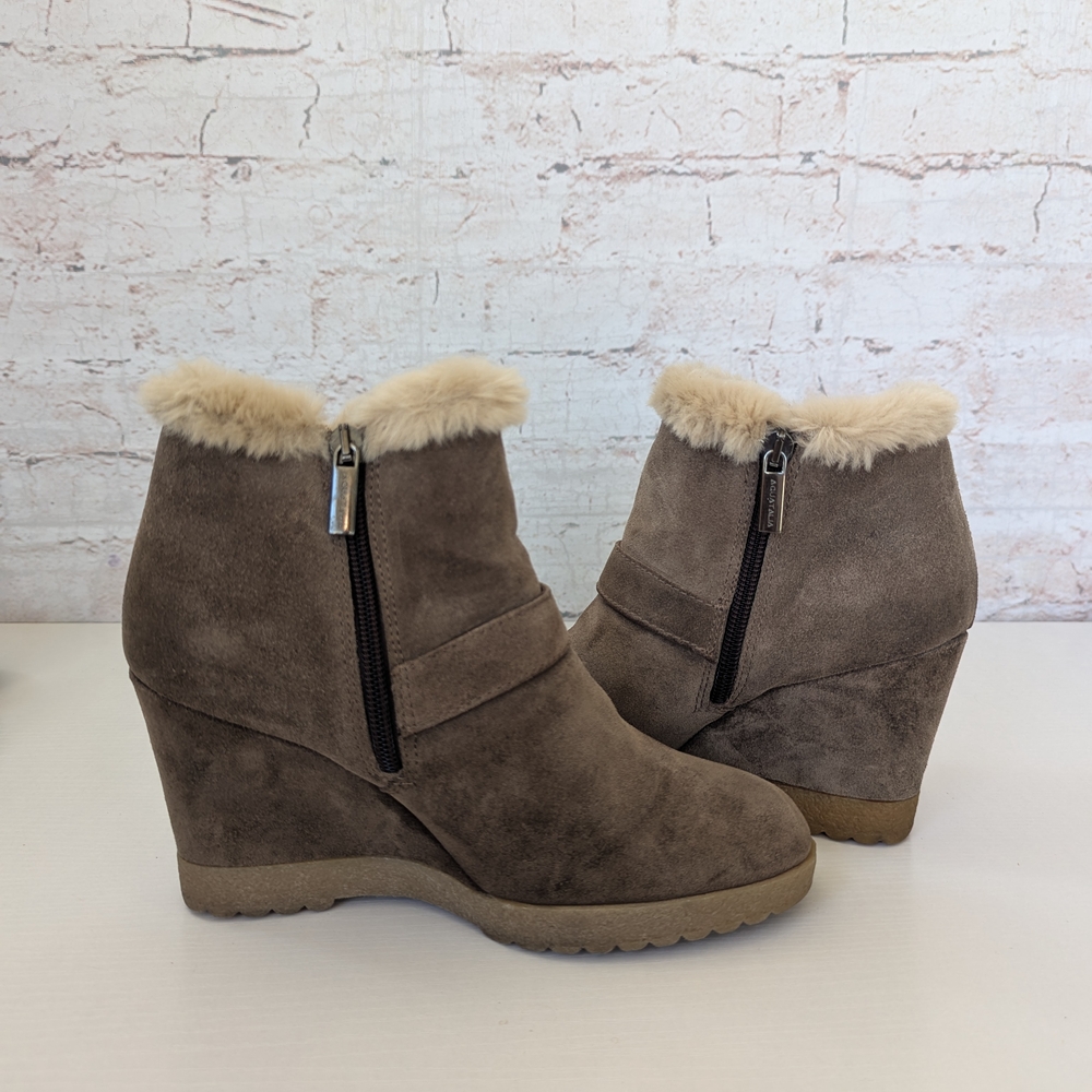 Aquatalia Tan Wedge Ankle Boots with Faux Fur